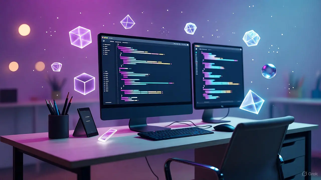 Magical web development workspace with glowing code and floating geometric shapes